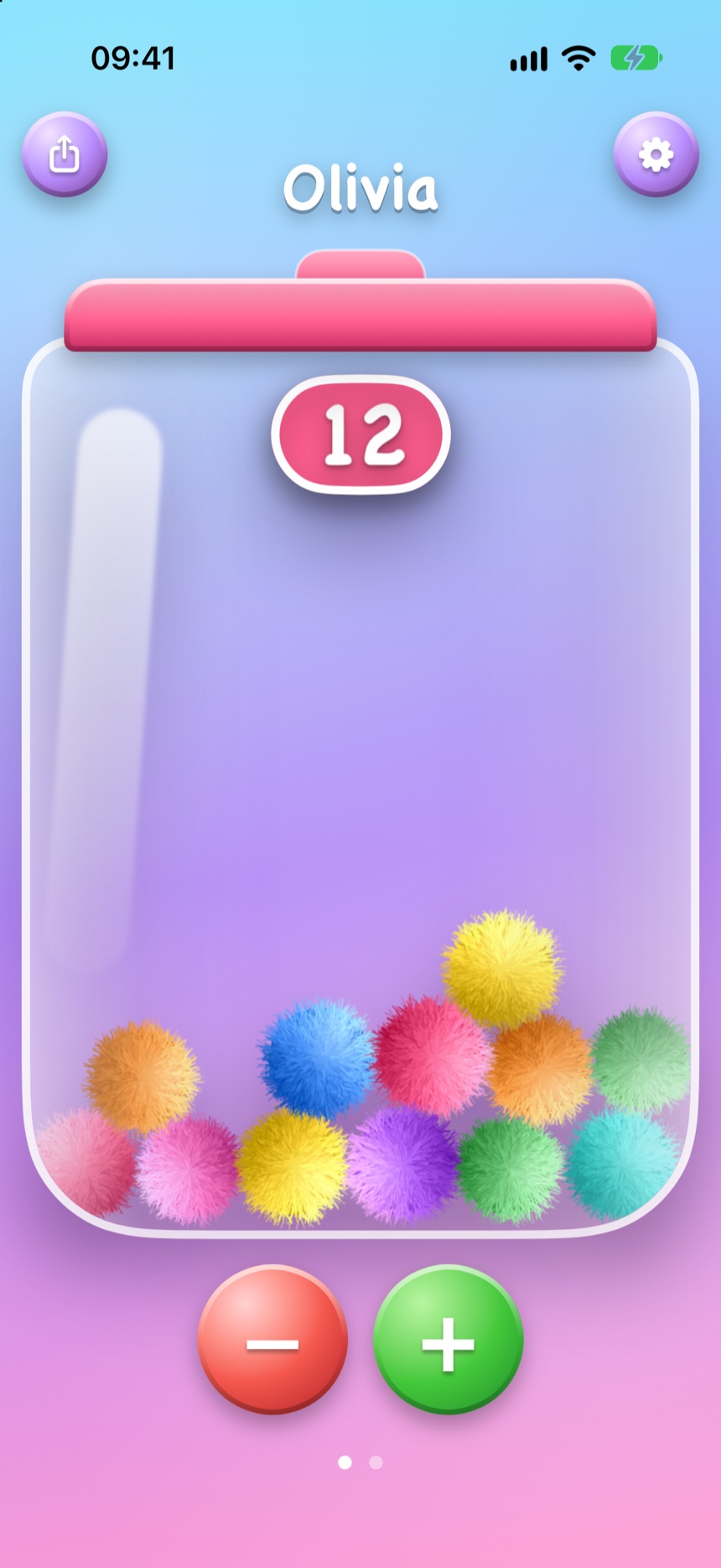 A jar called Olivia, partly filled with colourful fluffy pompoms